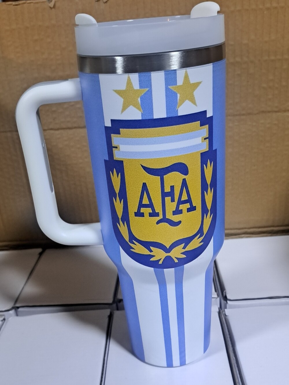 Argentina Blue and White Travel Mug with Gold Crest
